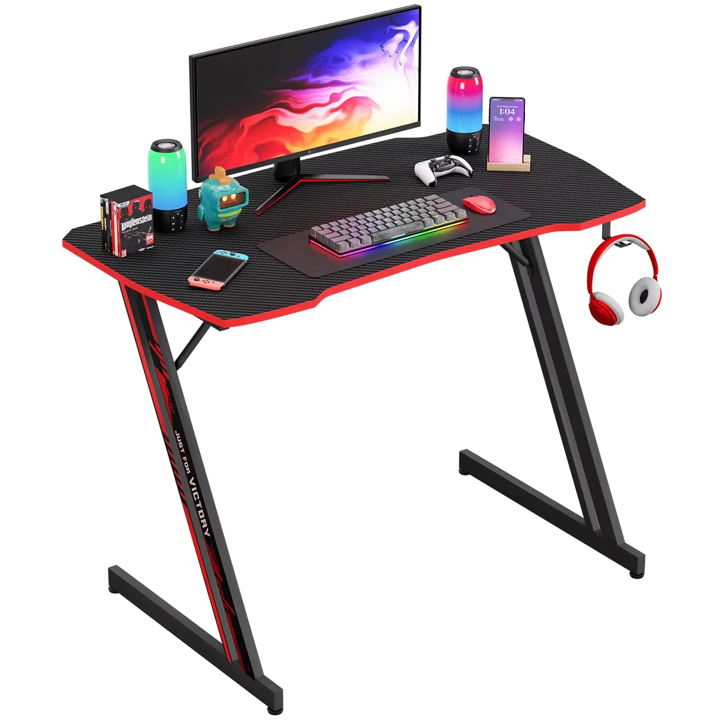 39 Inch Z-Shaped Gaming Desk Computer Desk for Home Office with Headphone Hook Sturdy Workstation Table with Spacious Desktop Red