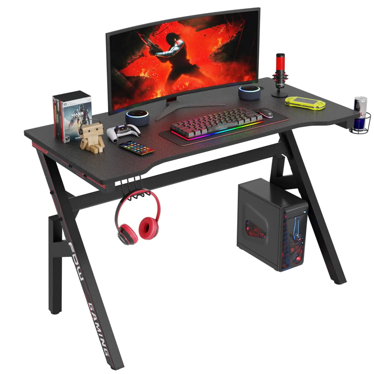 47 Inch Gaming Desk PC Carbon Fiber Table Ultimate Gamer Workstation with Cup Holder & Headphone Hook for Home Office Carbon Fiber and Red