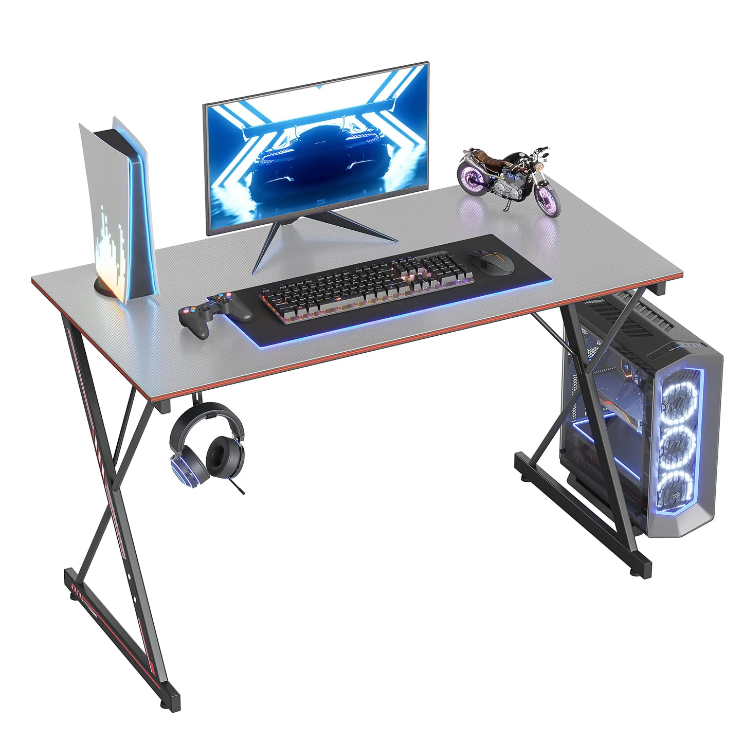 47 Inch PC Computer Desk Carbon Fiber Home Office Desk Table Gamer Workstation Simple Game Table with Headphone Hook Gray