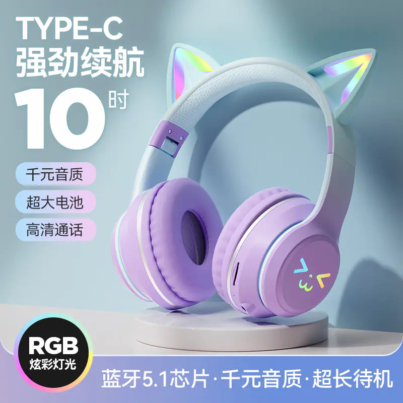 Cat Ear Bluetooth Headphones with LED for Gaming