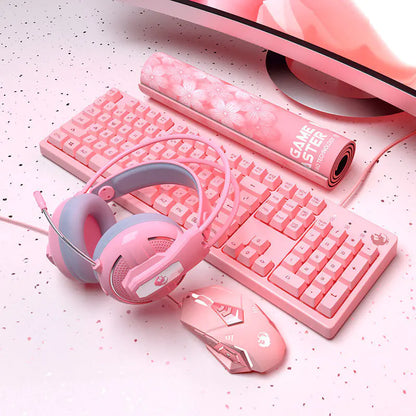 Cute Pink Mechanical Gaming Keyboard Set (includes up to a Keyboard, Mouse, Headphones, Large Mouse Pad)