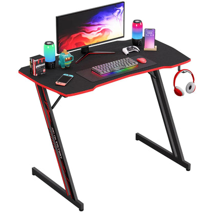 39 Inch Z-Shaped Gaming Desk Computer Desk for Home Office with Headphone Hook Sturdy Workstation Table with Spacious Desktop Red