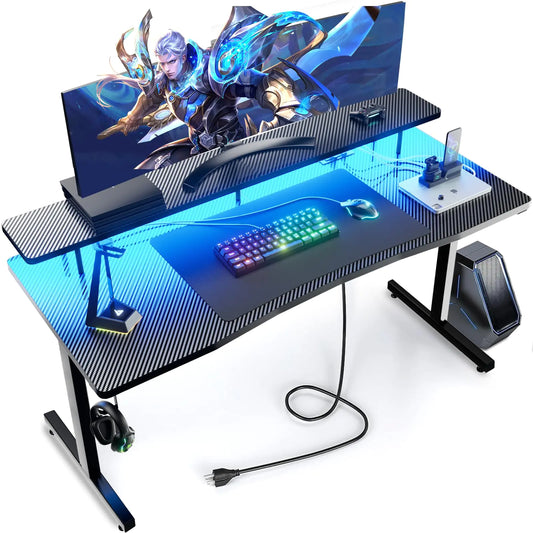 GTRacing 55 Inch Gaming Desk Computer Gamer Desk with Monitor Stand Ergonomic Carbon Fiber Surface Gaming Table with Power Outlet and Mouse Pad for Home Office RGB