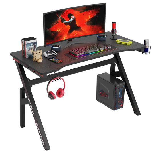 47 Inch Gaming Desk PC Carbon Fiber Table Ultimate Gamer Workstation with Cup Holder & Headphone Hook for Home Office Carbon Fiber and Red