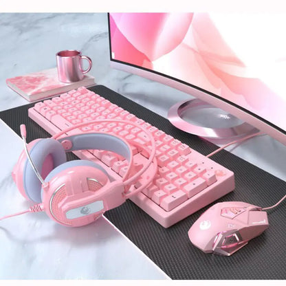 Cute Pink Mechanical Gaming Keyboard Set (includes up to a Keyboard, Mouse, Headphones, Large Mouse Pad)