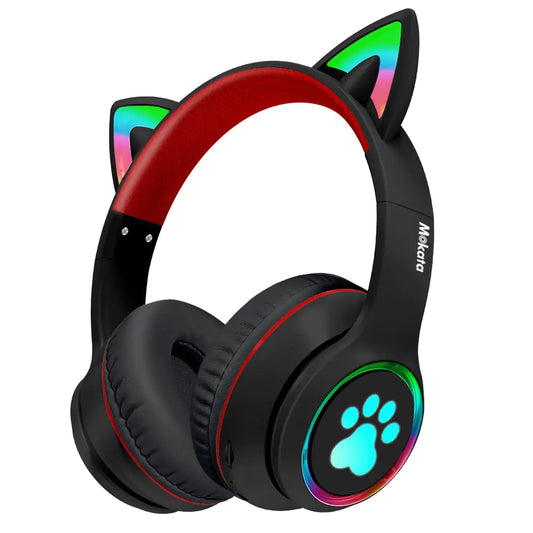 Mokata Headphones Cat Ear Wireless Bluetooth 5.3 60H Over Ear 8H with Led Light Foldable Music Gaming Headset with Aux 3.5mm Mic Black