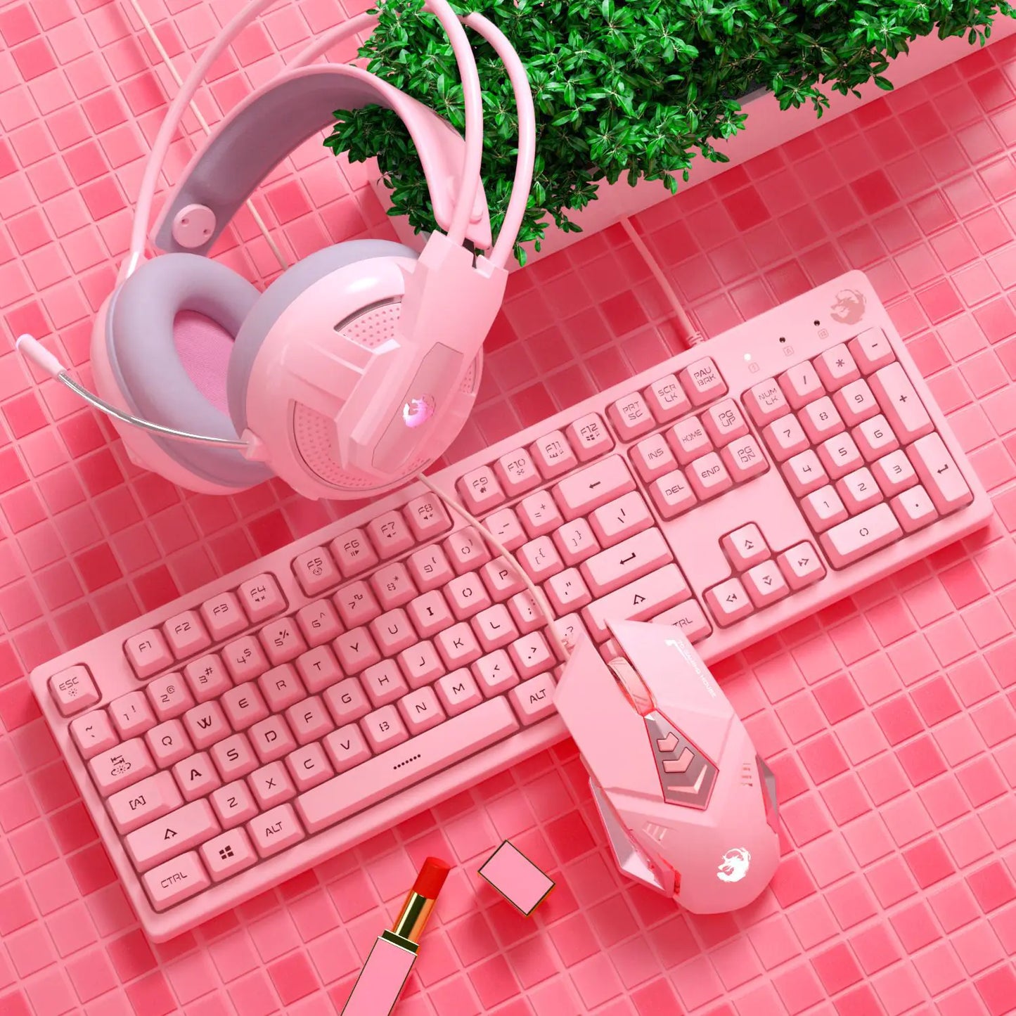 Cute Pink Mechanical Gaming Keyboard Set (includes up to a Keyboard, Mouse, Headphones, Large Mouse Pad)