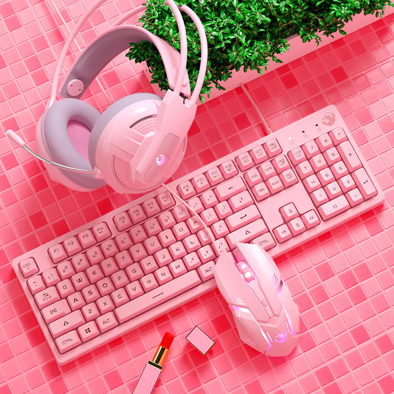 Cute Pink Mechanical Gaming Keyboard Set (includes up to a Keyboard, Mouse, Headphones, Large Mouse Pad)